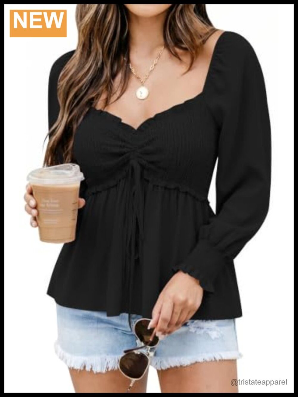 Long Sleeve Babydoll Blouse Smocked Bust Ruffled Peplum Top